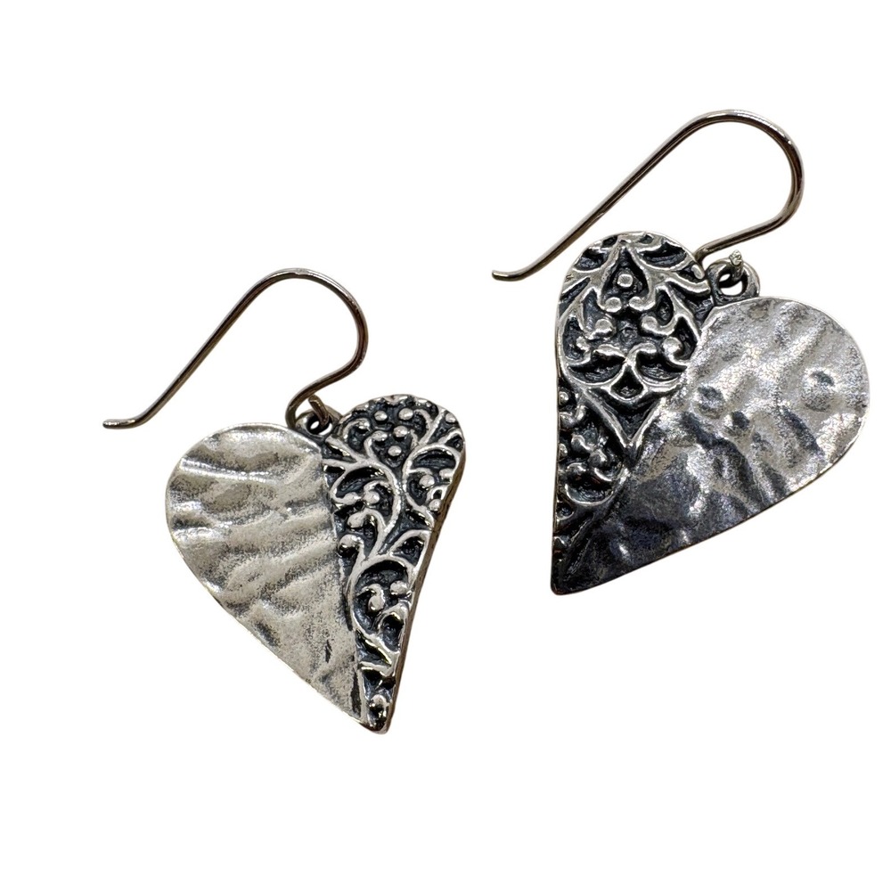 PZ Paz Israel 925 Sterling Silver Hammered Filigree Heart Drop Earrings